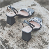 Sandals female fairy style 2021 new summer all-match leather thick heel pearl one-word buckle belt medium heel high heels