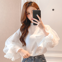 Long sleeve chiffon shirt female 2021 spring new foreign style Korean version of loose Super fairy temperament slim mesh mosaic jacket