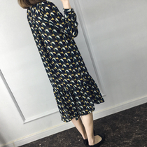 Korean version loose large size autumn women stand collar printed floral dress long sleeve Chiffon medium long shirt dress tide