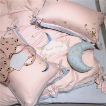 Pink hipster 60s Egyptian long staple cotton bedding Princess style bow five pointed star embroidery set