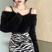 Autumn and winter long-sleeved pullover short slim off-the-shoulder sweater womens new outer wear wild knitted bottoming blouse top