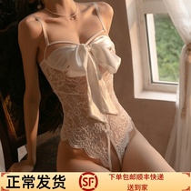 Sexy pajamas womens summer transparent temptation small chest gathered one-piece suspender nightdress exposed lace flirty underwear