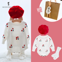  Newborn supplies Baby clothes Autumn female baby long-sleeved princess cherry printed romper Knitted full moon suit