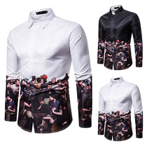 Autumn ey men abstract figure 3D printing casual shirt long sleeve shirt lapel shirt