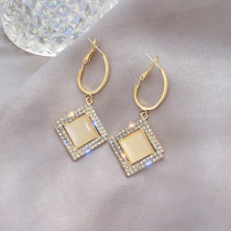 925 silver needle full Diamond Square earrings Korean version of Joker Cats Eye Stone light luxury long earrings fashion temperament earrings stud ornaments