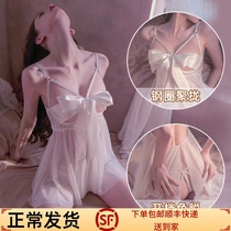 Transparent mood nightdress female 2023 new hollow sexy pajamas mesh lace hot small chest underwear suspenders