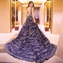 Bright Starry Sky skirt blue backless banquet annual birthday party performance host wedding dress wholesale