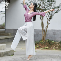 Dance gauze clothing short classical dance strap trumpet sleeve body rhyme uniform short sleeve practice embroidery slim art test suit