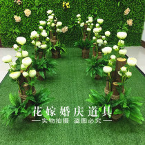 New wedding forest hemp rope wooden pile road guide wedding props green leaves Persian leaves small flowers road guide flowers