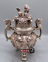 Antique Miscellaneous Collection Antique Pure Copper White Copper Gilded Silver Incense Burner Incense Burner Double Dragon Play Bead Incense Burner White Copper Incense Burner