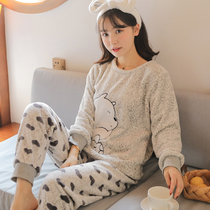 Pajamas female autumn and winter thickened flannel students fresh and sweet cute coral velvet home clothing long sleeve suit