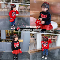 Fall in love with pussy girl sweaters baby clothes baby winter dress new children thickened high neckline red butterfly knot knit undershirt