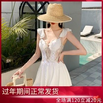 Net Red Romantic Siamese White Skirt Sexy Lace Steel Brace Small Chest Skinny Back Hot Spring Vacation Meat Covering Swimsuit