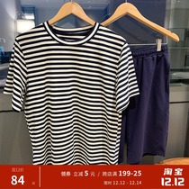 Striped pajamas mens summer cotton loose short-sleeved shorts thin size can be worn out neutral home suit suit