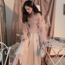 Fairy sweet temperament bow lace mesh strapless shirt lace big swing high waist skirt suit women