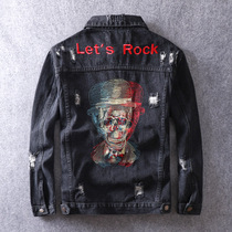 European and American High Street Ins Chains Skull Skull Embroidered Denim Jacket Male ruffles Fried Street Loose on Hole Jackets clothes