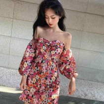 Port wind sexy word shoulder retro dress summer temperament bubble short sleeve waist floral short A-line skirt women