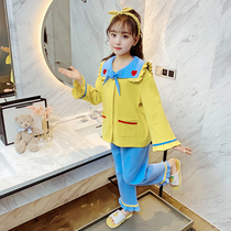 Childrens girls pajamas spring and autumn cotton long sleeve suit big child Princess yellow with blue girl Summer thin home clothes