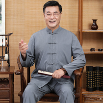 Spring and summer long sleeve linen long sleeve set Tang suit for middle-aged and elderly mens fathers clothing plus fat cotton hemp shirt