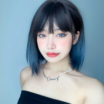 Wig Woman Short Hair Summer Natural Full Headgear Gradient Foggy Blue Short Hair Styling Emulation ICPD Wave Head Wig Sleeve