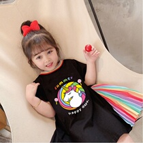 Cotton new baby dress girl short sleeve rainbow pleated T-shirt skirt children loose princess dress summer