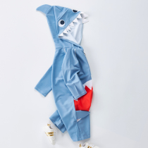 Childrens swimsuit one-piece shark sunscreen quick-dry boys children infants and young children long-sleeved swimming suit with cap