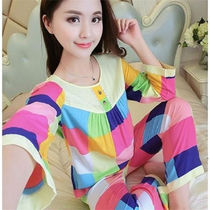 Spring and summer womens cotton-padded pajamas long-sleeved suit Cotton-padded thin cute cartoon trousers Artificial cotton loose home clothes