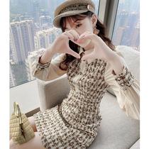 Polo collar long-sleeved stitching dress 2020 autumn new womens light luxury socialite temperament small fragrance dress