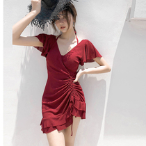 One-piece swimsuit female conservative 2021 new red fairy fan half sleeve Korean ins wind cover belly thin swimming suit
