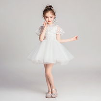 Girls white princess skirt puffy gauze flower children wedding dress host piano performance dress summer