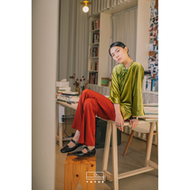 (Fashion Week) Tucked Moon designer green velvet cheongsam top long sleeve loose lace-up round neck Chinese single coat
