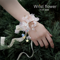 ins handmade fairy beauty Korean high-end bridal wrist flower beautiful hand flower pink silk yarn color star bracelet