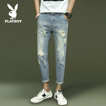 Playboy autumn nine points jeans mens Tide brand hole Korean version trend slim foot beggar pants shallow