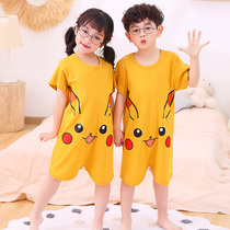 cotton pure cotton short sleeve boy girl baby pikachu children's one-piece dress sibling thin summer kick-proof