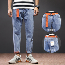 Jeans Mens slim fit small foot spring and summer new wave mens 100 hitch mens retro printed personality casual long pants