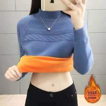 Plus velvet without velvet semi-turtleneck sweater female Korean version of autumn and winter thick warm pullover short loose base shirt