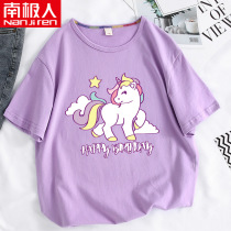 Girls short-sleeved T-shirt summer 2021 big children pure cotton purple loose half sleeve Foreign style girls childrens summer clothes