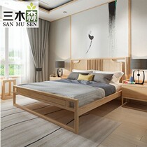 Modern new Chinese solid wood double bed Modern simple zen ash wood color model room club bedroom furniture