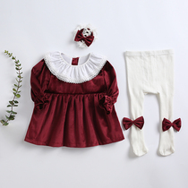 Girl's Sweet Lace Princess Harder Children's Birthday Skirt Baby's New Year's Wear Wine Red Velvet Dress