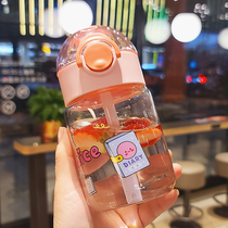 High face value glass cup with straw ins wind girl Heart Summer cute play lid student portable hot water resistant cup