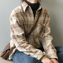 Tide brand Ocnltiy autumn new thickened brushed plaid shirt female Korean version lazy wind loose warm top