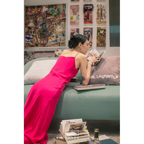 Coated Moon Designer Peach Red V Collar Solid Skew Superior Sense Harness with dress Skirt Temperament Satin Long Skirt