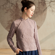 Strange flowers bloom orchid (read poems under the laurel tree) simple jacquard cotton linen disc buckle cheongsam coat womens T-shirt