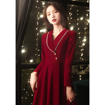 Toast to the bride small sub long sleeve winter Back to door Wine Red Color Engagement Tandem Dress Wedding Gown V Collar