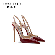 Dare Miss 2022 new European beauty wine red High heel Shoe female slim heel Sharp Mouth Rivets Single Shoe Riveting Sandals