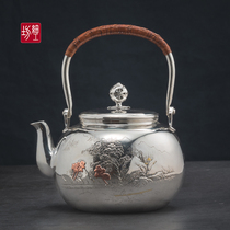 Fine workshop silver pot Sterling silver 999 kettle Handmade metalwork inlaid Mochizuki Yunlin landscape