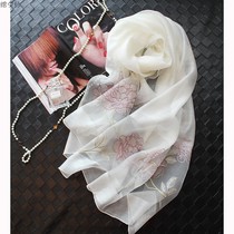 High-grade Joker silk silk silk scarf embroidered white scarf Korean warm shawl long womens autumn and winter