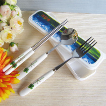 Cutlery Ceramic Stainless travel Travel Portable Cutlery Nature Four Leaf Grass Green Chopsticks Spoon Fork Suit