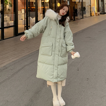 Light green cotton suit female middle school long 2022 winter new Korean version of loose students pass the knee down cotton in the tide