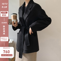 Winter black double-sided wool coat women 2021 New Wild tie tie-up short small coat women